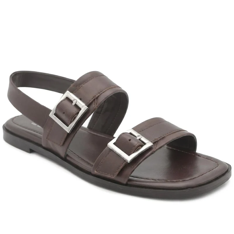 Haniya Leather Dual Buckle Fasten Sandals - HANIYA / 329 573 - Brown Leather