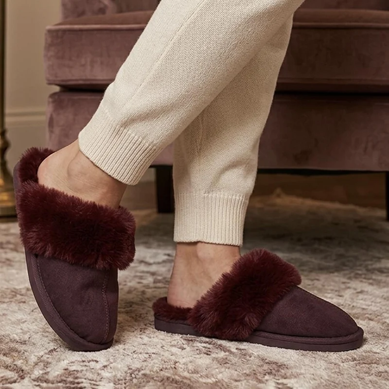 Wide Fit Luxury Faux Fur Slippers - GALOP44005 / 330 022 - Burgundy