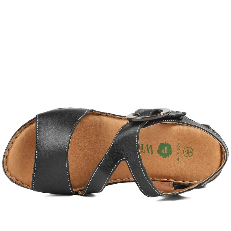 Wide Fit Leather Sandals With Buckle Fastening - LUCK43007 / 329 406 - Black