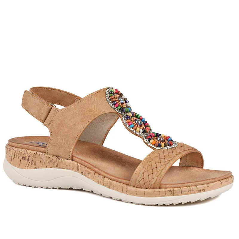 Comfort Beaded Wedge Sandals - BAIZH43022 / 329 012 - Tan