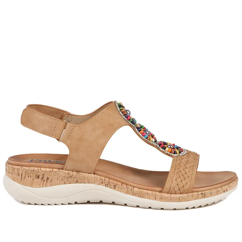 Comfort Beaded Wedge Sandals - BAIZH43022 / 329 012 - Tan