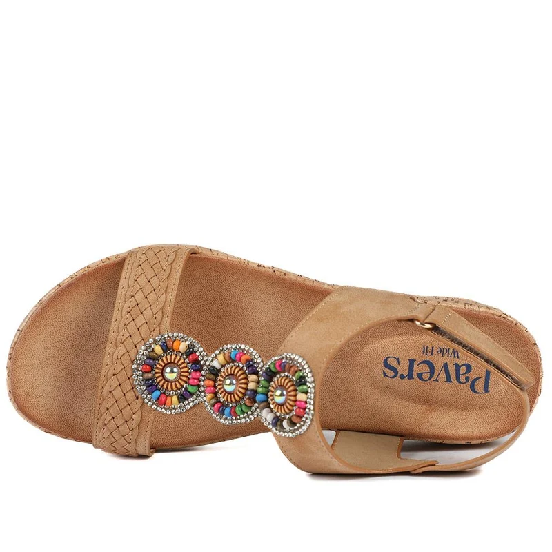Comfort Beaded Wedge Sandals - BAIZH43022 / 329 012 - Tan
