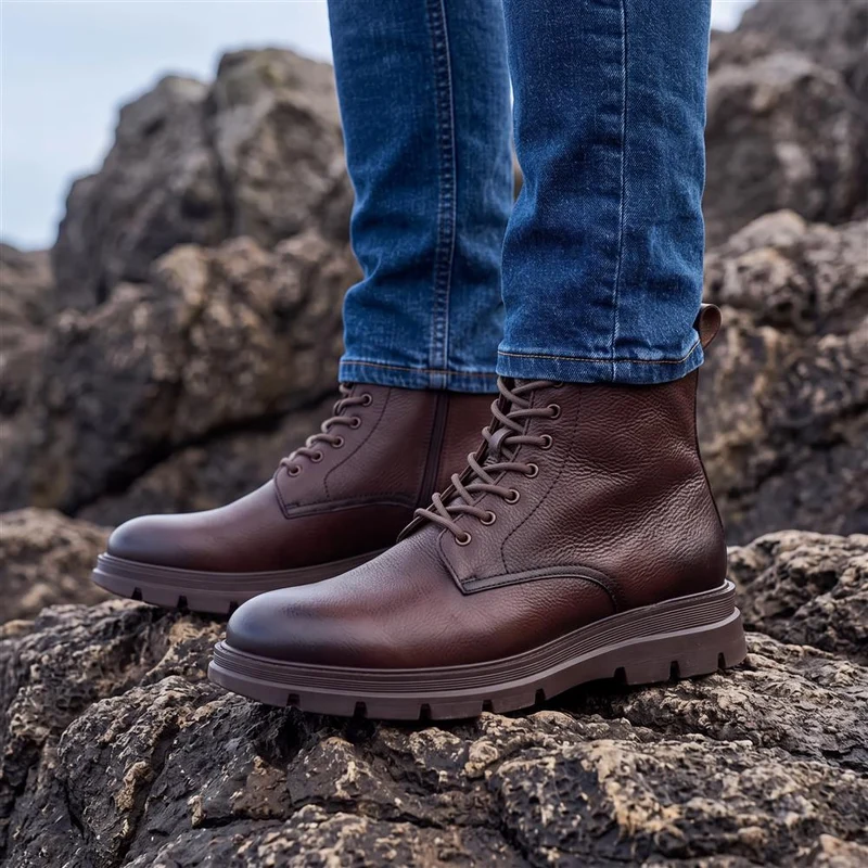 Wide Fit Chunky Leather Lace Up Boots - PRFEM44007 / 330 184 - Brown