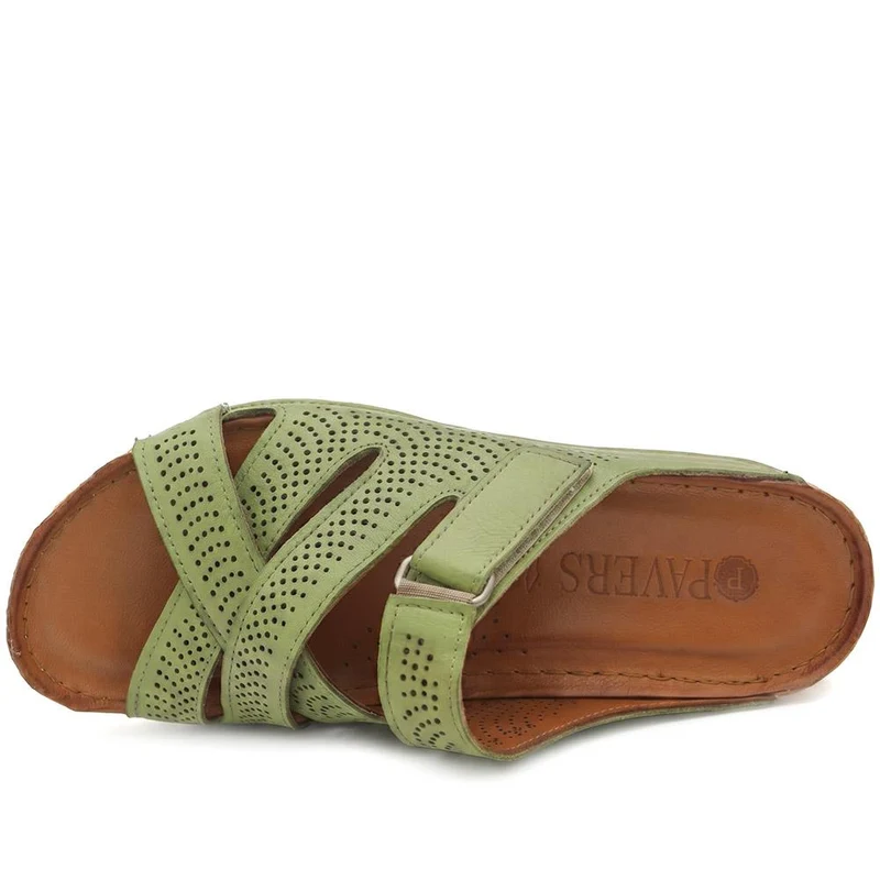 Leather Cut-Out Adjustable Strap Sandals - KARY43004 / 329 118 - Green