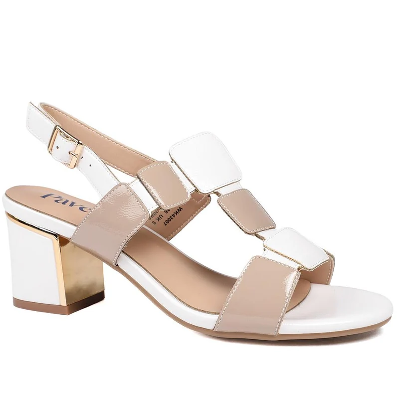 Block Heel Square Design Sandals - WK43007 / 329 114 - Beige Multi