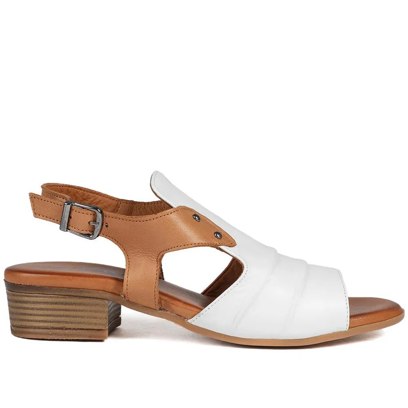 Leather Two Tone Block Heel Sandals - AZURA43007 / 329 125 - White-Tan