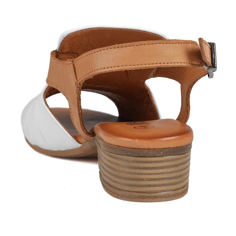 Leather Two Tone Block Heel Sandals - AZURA43007 / 329 125 - White-Tan