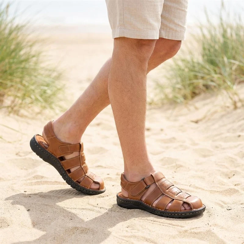 Premium Leather Touch Fastening Sandals - AATRA43010 / 328 938 - Tan