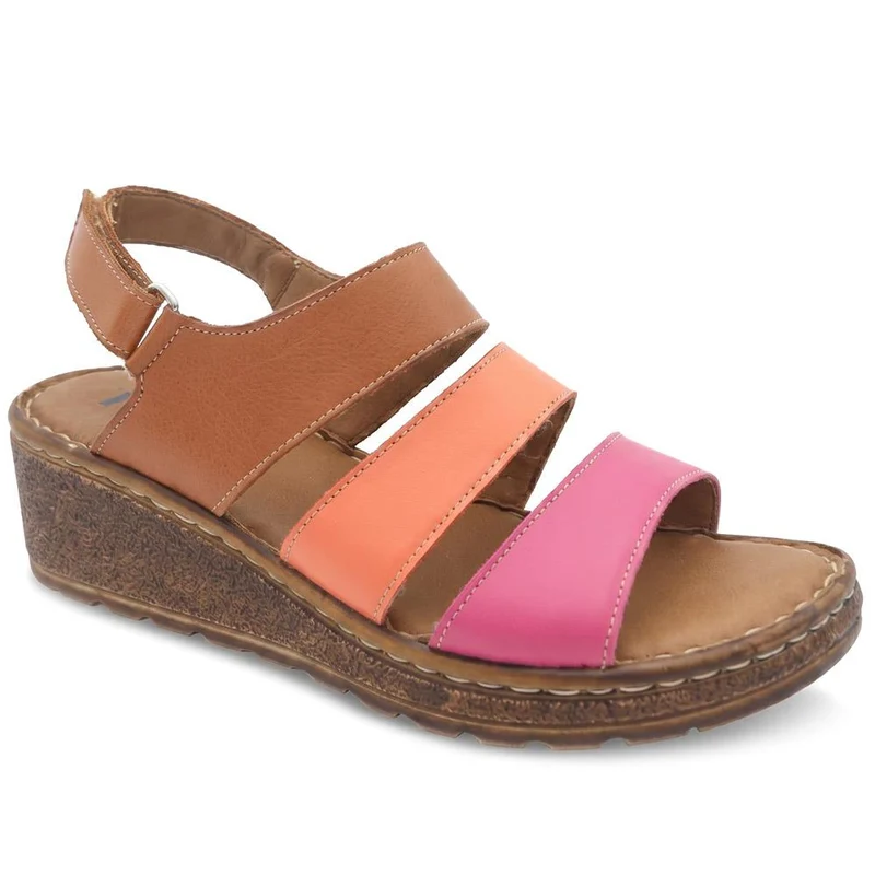 Cushioned Leather Wedge Heel Sandals - BOAY43000 / 329 206 - Tan Multi