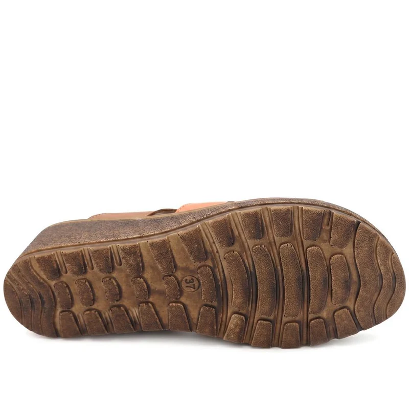 Cushioned Leather Wedge Heel Sandals - BOAY43000 / 329 206 - Tan Multi