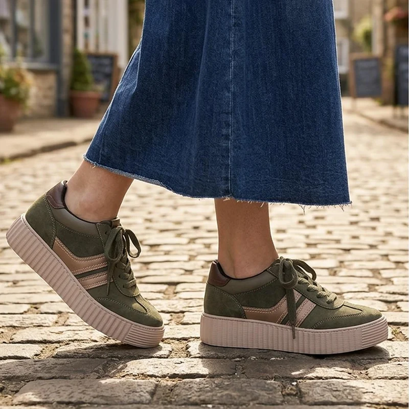 Bellissimo Chunky Lace Wedge Trainers - BELWBIN44093 / 330 234 - Olive