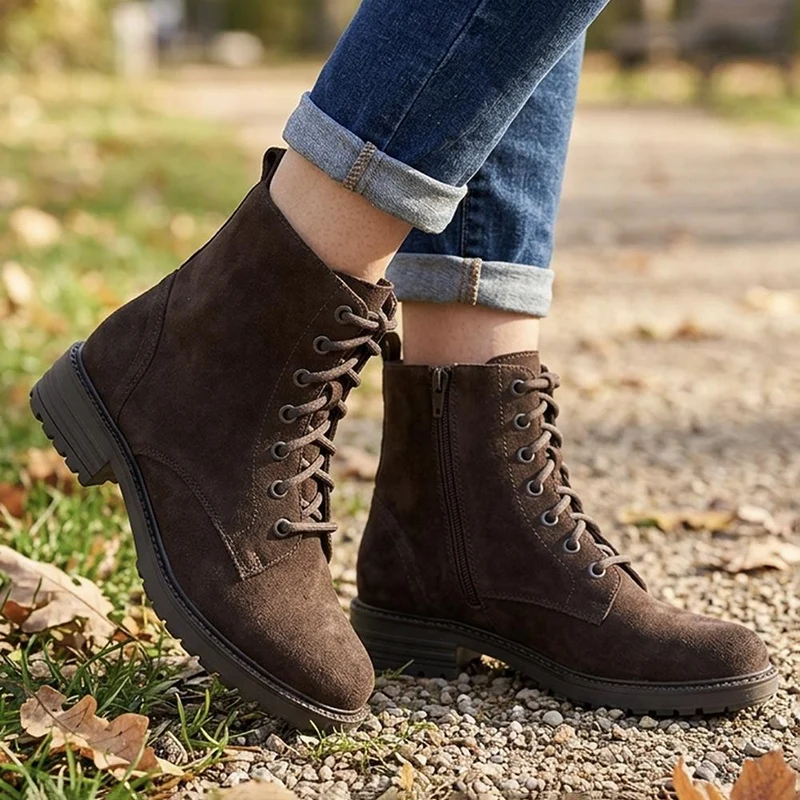 Leather Lace & Zip Ankle Boots - MINTL44007 / 330 079 - Chocolate Suede