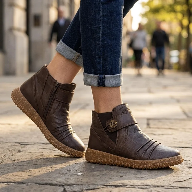 Loretta Leather Button Fasten Ankle Boots - HAK44002 / 330 093 - Dark Brown