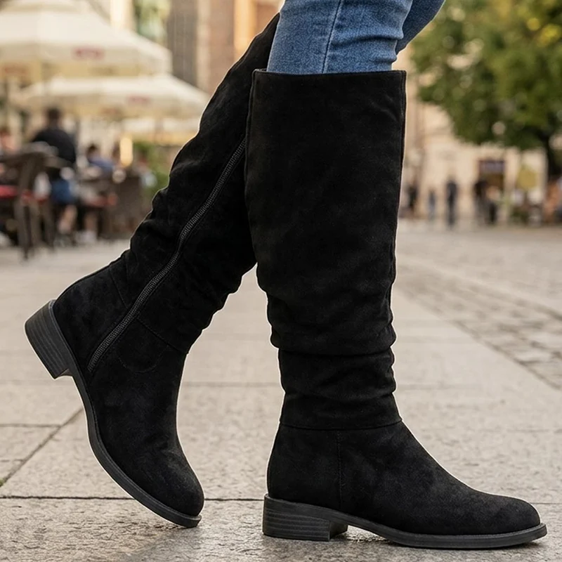 Flat Heeled Slouched Calf Length Boots - WBINS44091 / 329 806 - Black