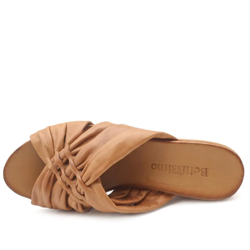 Bellissimo Leather Peep Toe Mule Sandals - BELMET43002 / 329 219 - Tan