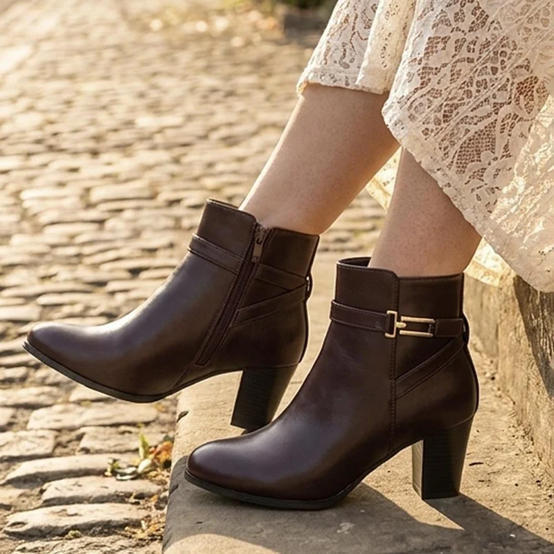 Smart Block Heel Ankle Boots With Buckle Detail - SANYI44002 / 330 000 - Burgundy