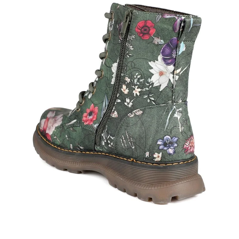 Floral Pattern Lace Up Ankle Boots - LECHE44010 / 329 753 - Green Floral