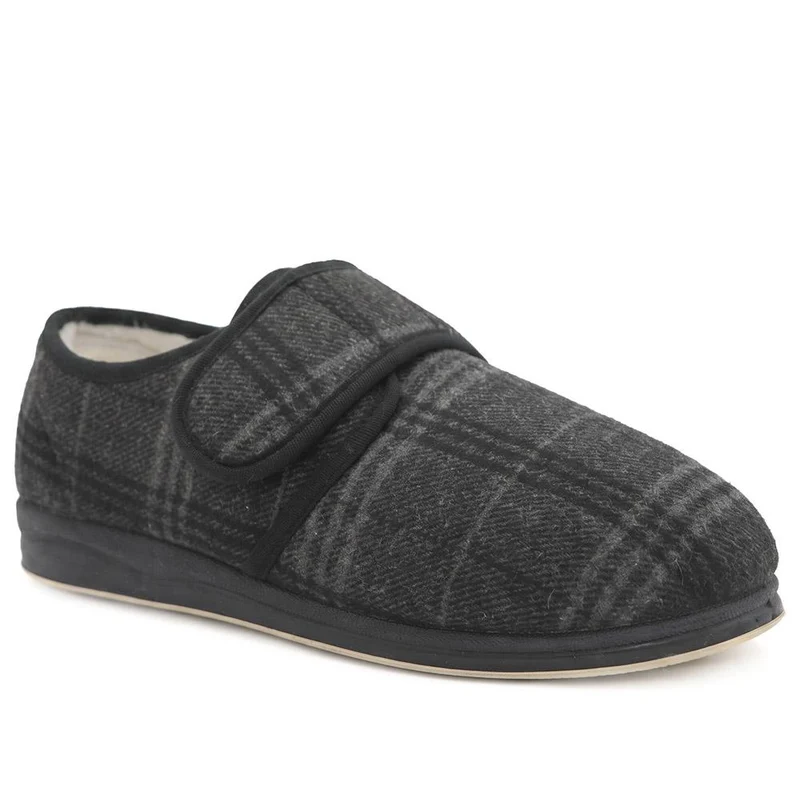 Extra Wide Faux Fur Lined Slippers - AUGUST / 328 471 - Black Check