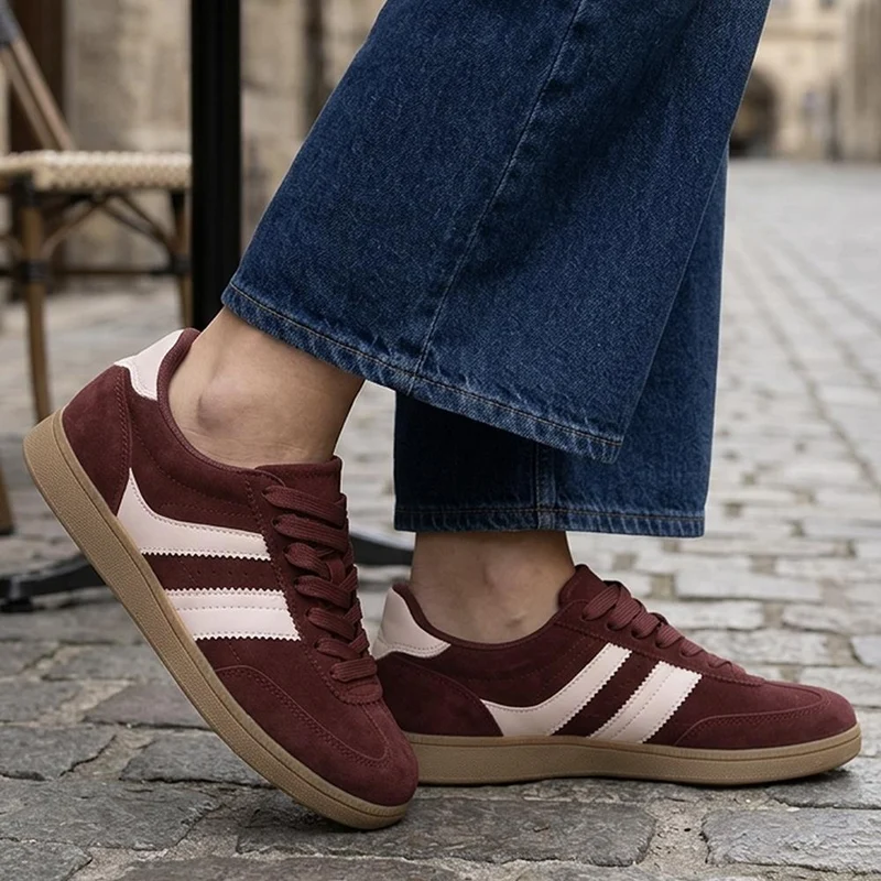 Bellissimo Leather Striped Lace Up Trainers - BELDINGX43005 / 329 348 - Burgundy