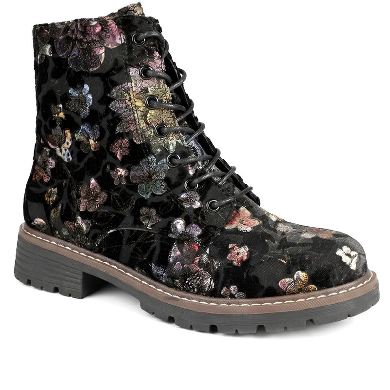 Lace Up Ankle Boots With Warm Lining - WBINS44000 / 329 764 - Black Floral