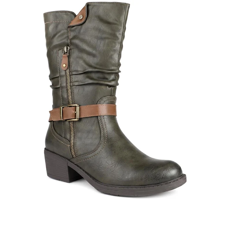 Waterproof Zip & Buckle Heeled Calf Boots - LECHE44015 / 329 803