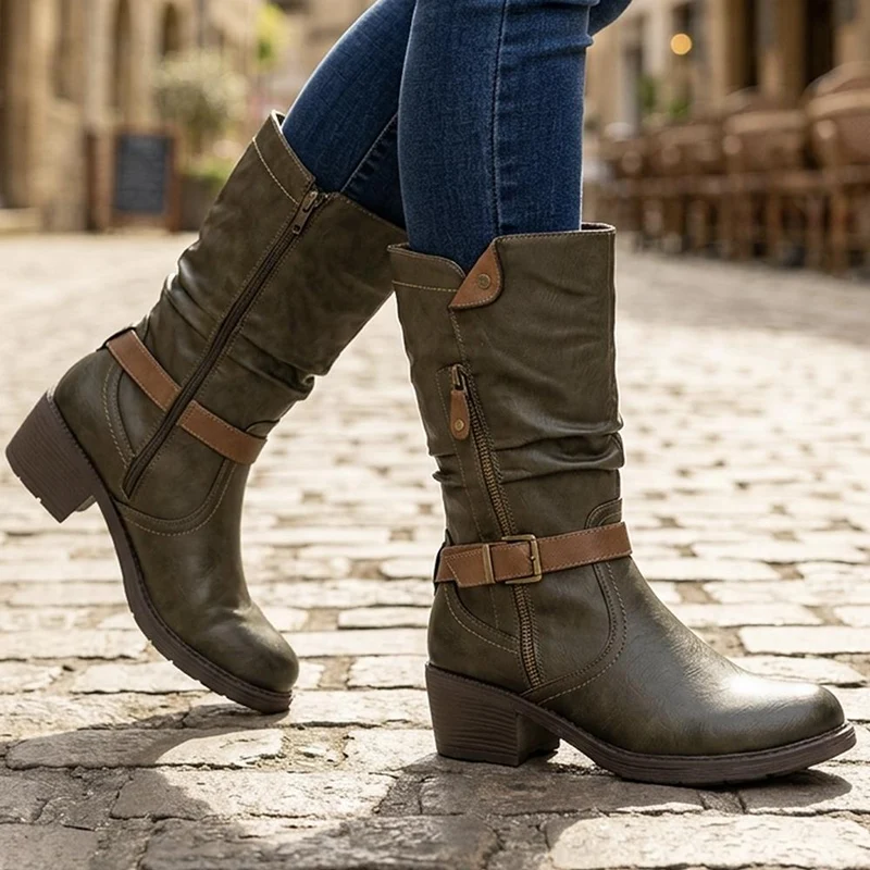 Waterproof Zip & Buckle Heeled Calf Boots - LECHE44015 / 329 803 - Khaki