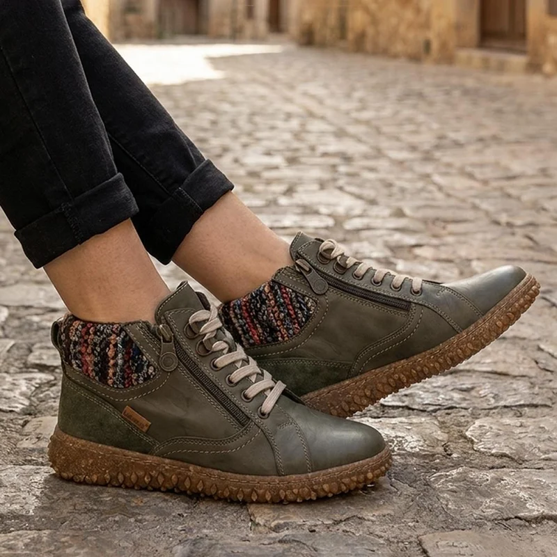 Loretta Zip & Lace Knitted Cuff Ankle Boots - HAK44000 / 329 615 - Olive