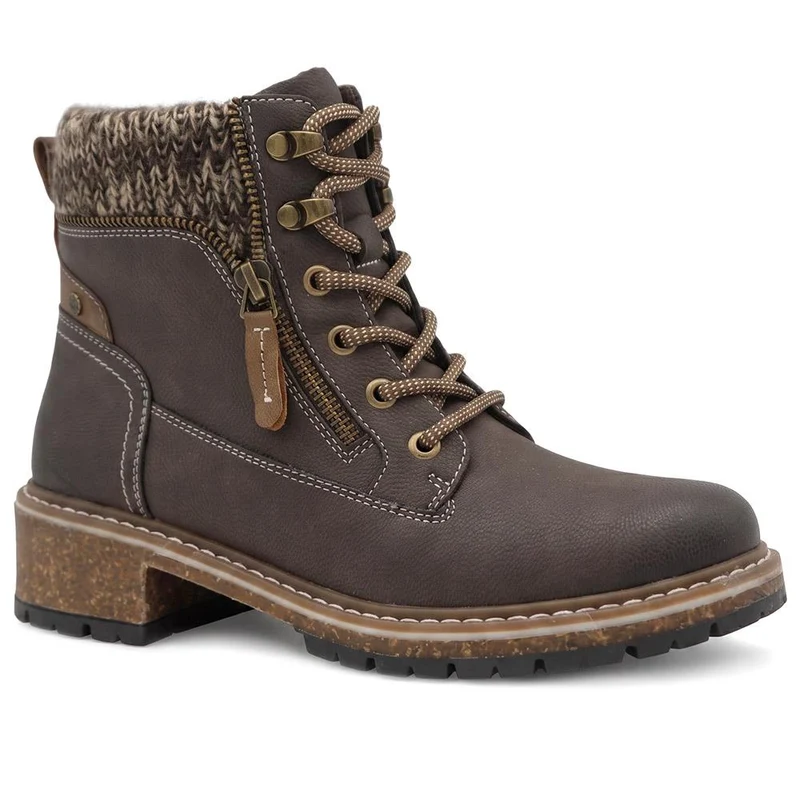 Knitted Cuff Zip Fasten Ankle Boots - LAND44000 / 329 945 - Brown