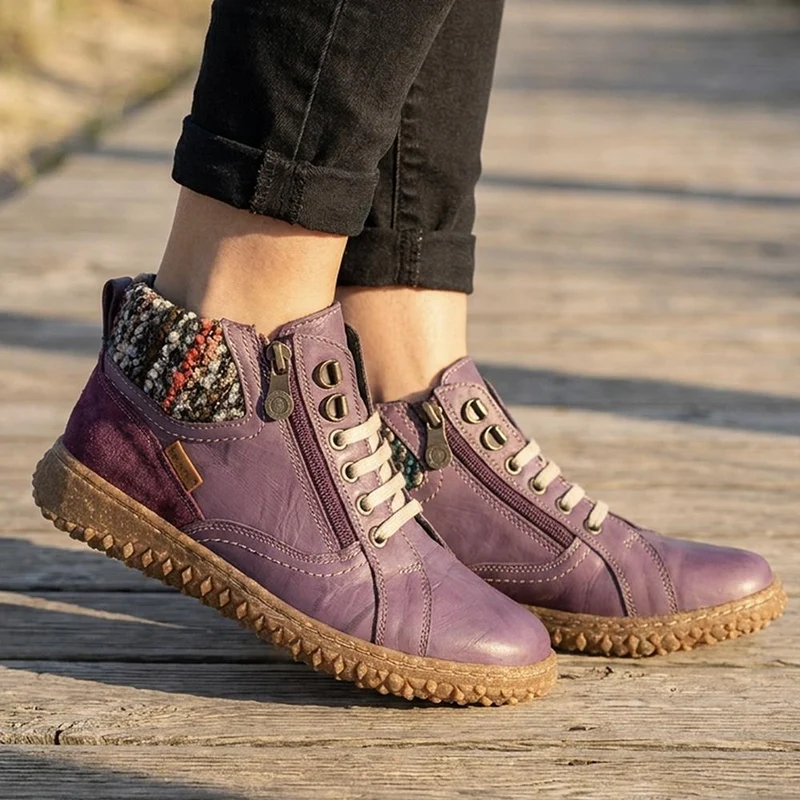 Loretta Zip & Lace Knitted Cuff Ankle Boots - HAK44000 / 329 615 - Purple