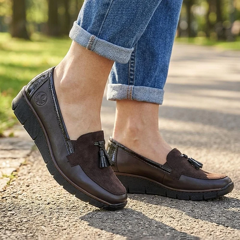 Rieker Leather Wedge Heel Tassel Loafers - RKR44519 / 329 726 - Chocolate