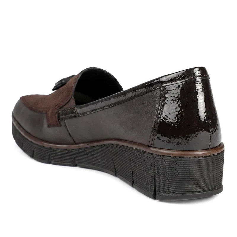 Rieker Leather Wedge Heel Tassel Loafers - RKR44519 / 329 726 - Chocolate