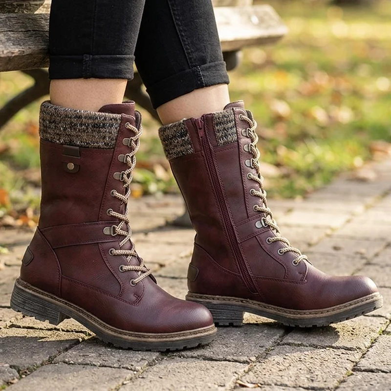 Lace-Up Knitted Cuff Calf Boots - BRK38009 / 324 531 - Burgundy