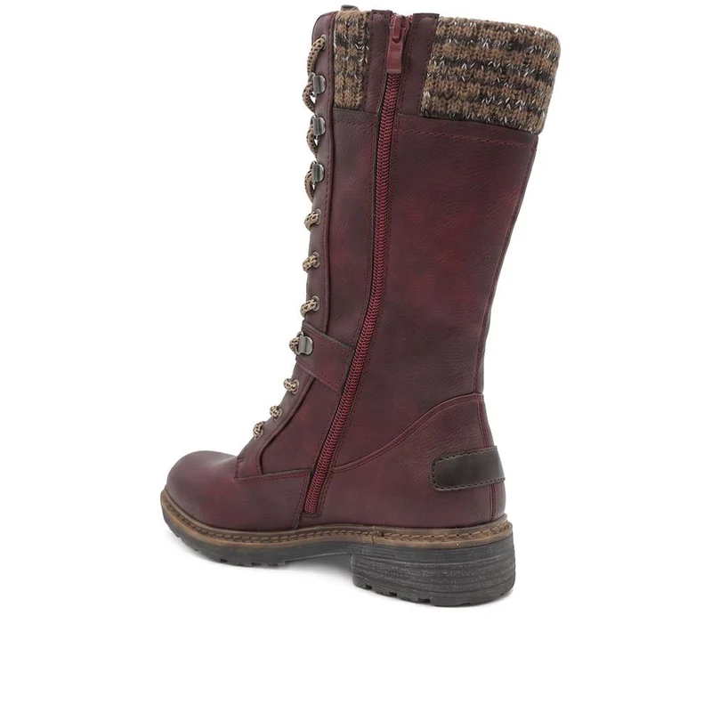 Lace-Up Knitted Cuff Calf Boots - BRK38009 / 324 531 - Burgundy