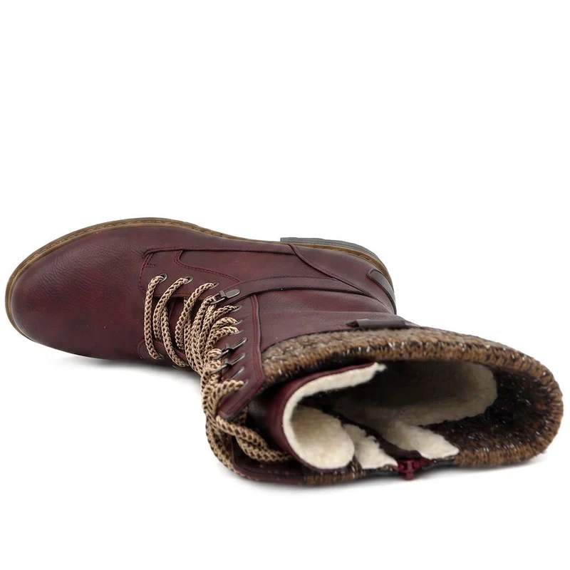 Lace-Up Knitted Cuff Calf Boots - BRK38009 / 324 531 - Burgundy