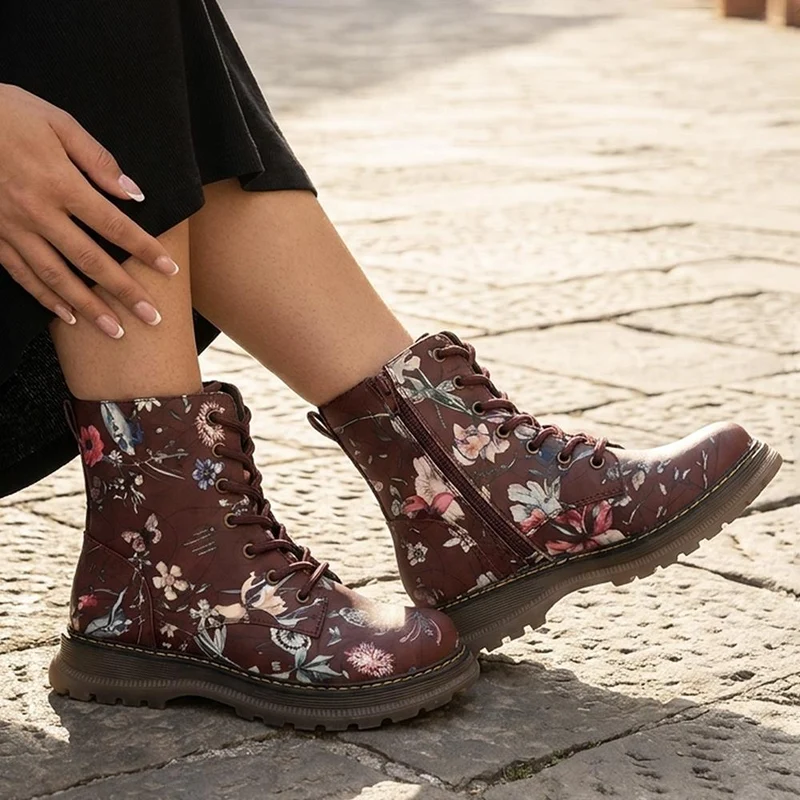 Floral Pattern Lace Up Ankle Boots - LECHE44010 / 329 753 - Burgundy