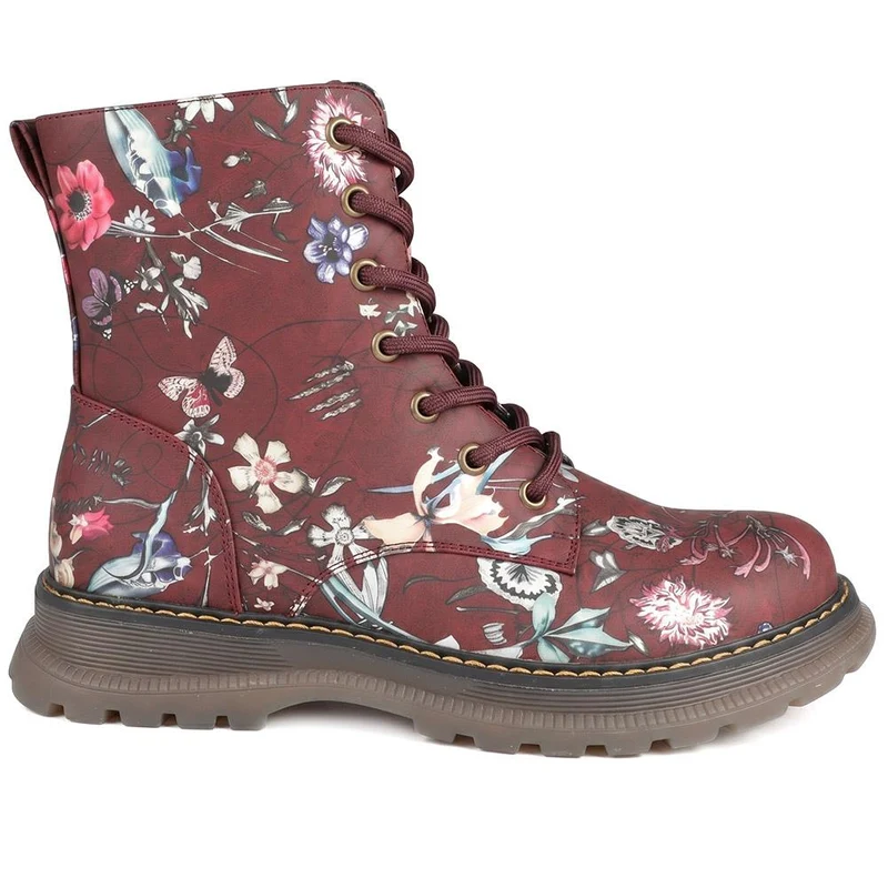 Floral Pattern Lace Up Ankle Boots - LECHE44010 / 329 753 - Burgundy
