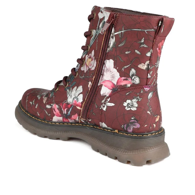 Floral Pattern Lace Up Ankle Boots - LECHE44010 / 329 753 - Burgundy