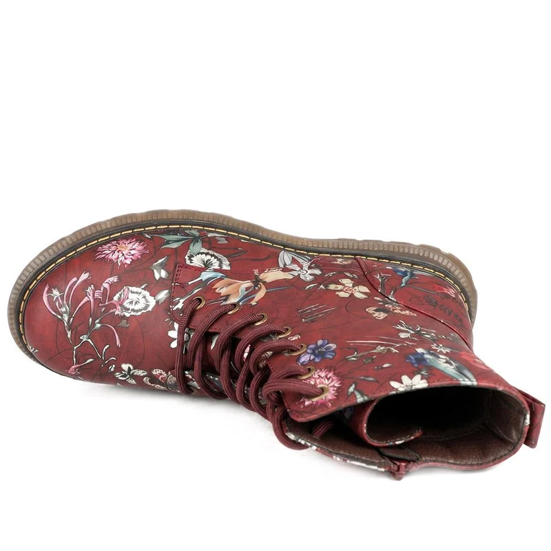 Floral Pattern Lace Up Ankle Boots - LECHE44010 / 329 753 - Burgundy