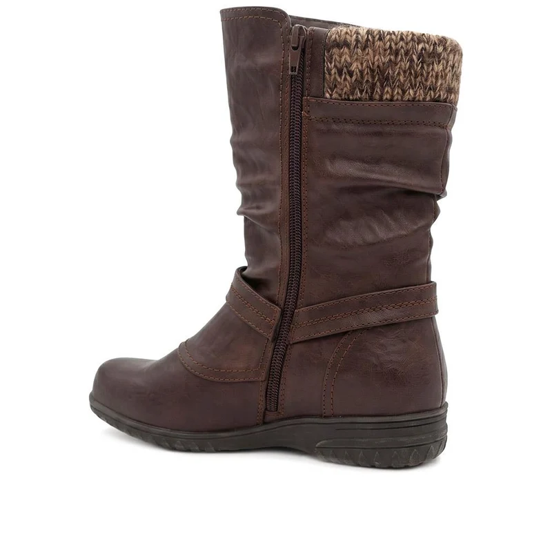 Wide Fit Knitted Cuff Zipped Slouch Boots - WBINS44079 / 329 798 - Chocolate