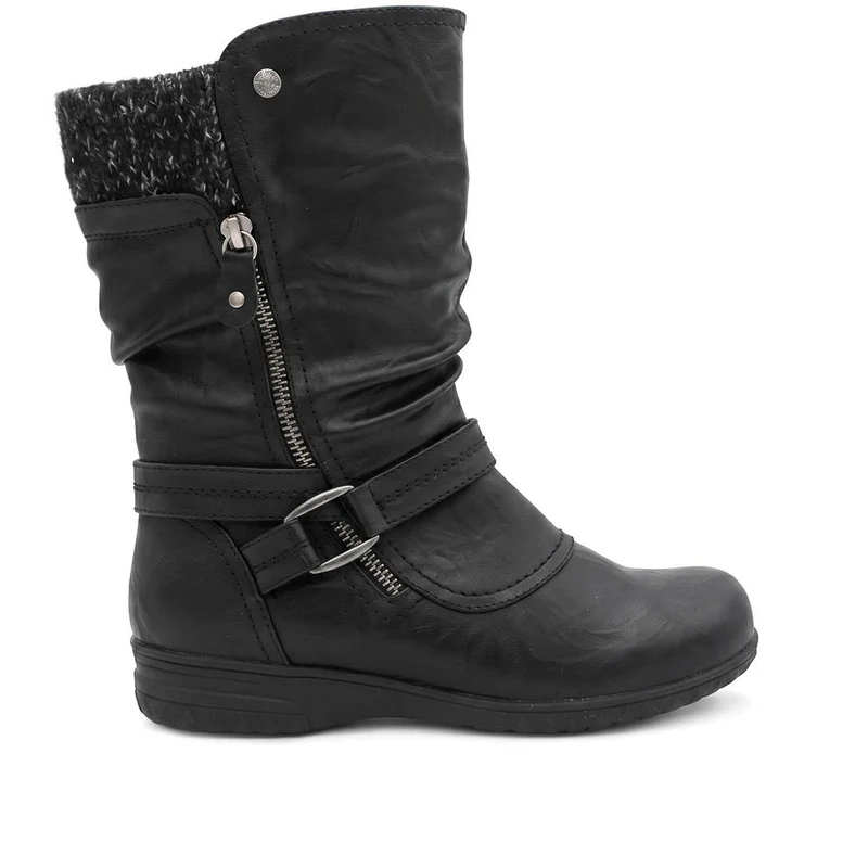 Wide Fit Knitted Cuff Zipped Slouch Boots - WBINS44079 / 329 798 - Black