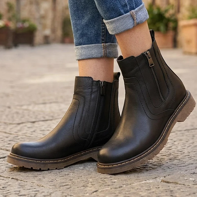 Leather Zip Up Ankle Boots - BELYNR44000 / 330 159 - Black
