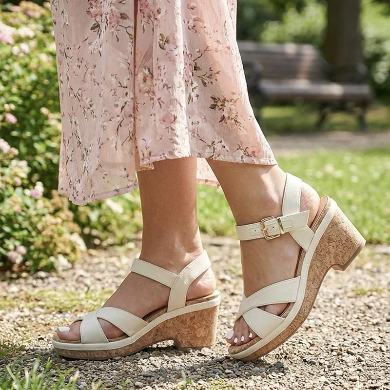 Patterned Cork Wedge Platform Sandals - WBINS43096 / 329 374 - Beige