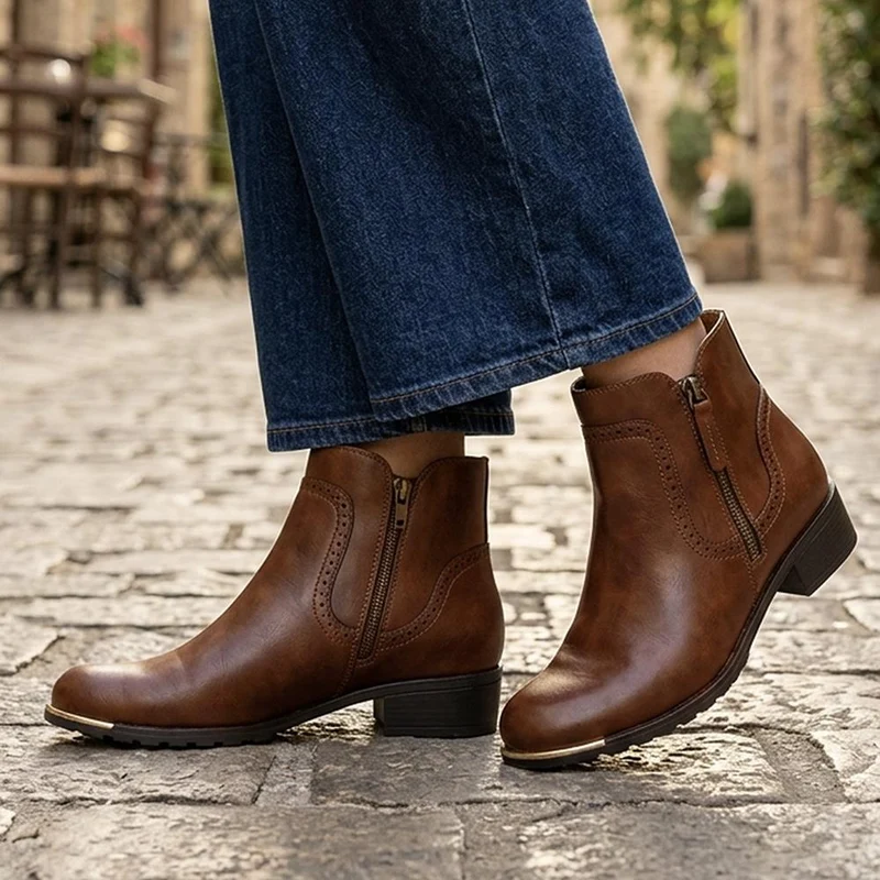Zip Fasten Brogue Trim Ankle Boots - WBINS44012 / 329 743 - Tan