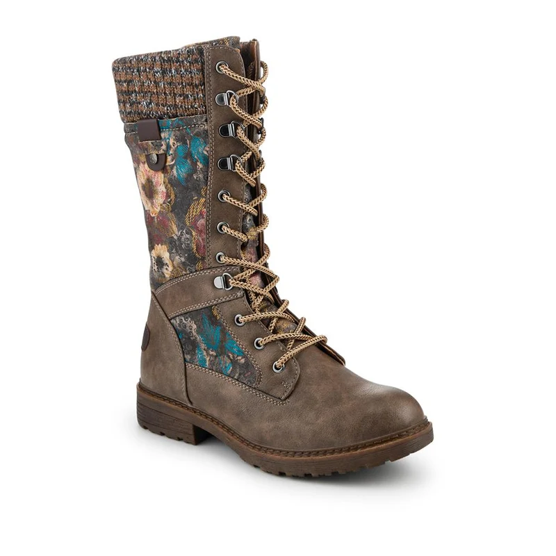 Tall Lace Up Boots With Knitted Ankle Cuff - BRK42014 / 328 328 - Grey Floral