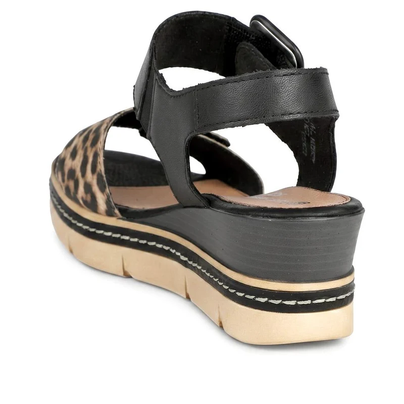 Remonte Dual Fasten Leather Wedge Heel Sandals - DRS43512 / 329 363 - Black-Leopard