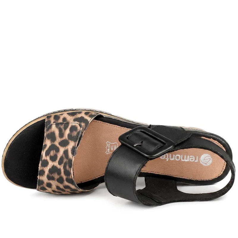 Remonte Dual Fasten Leather Wedge Heel Sandals - DRS43512 / 329 363 - Black-Leopard
