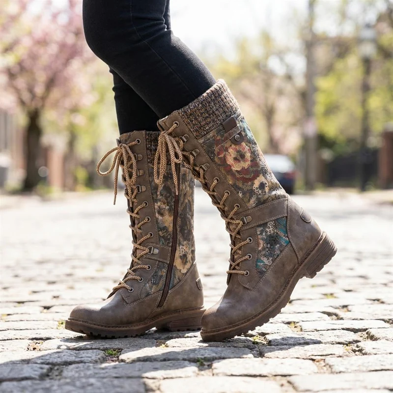 Tall Lace Up Boots With Knitted Ankle Cuff - BRK42014 / 328 328 - Grey Floral