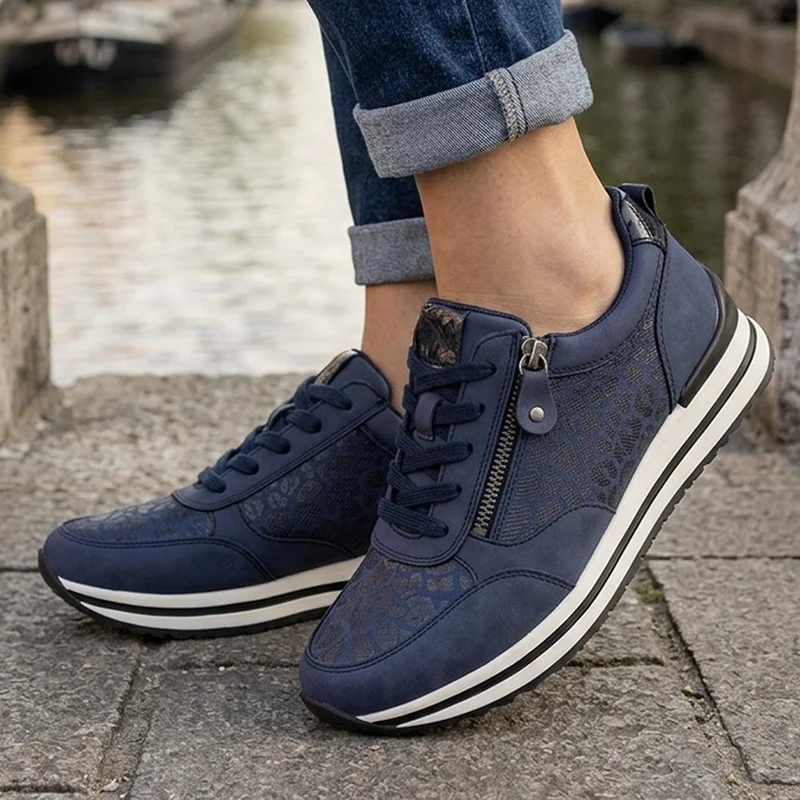 Wide Fit Zip & Lace Trainers W/ Cushioned Sole - WBINS44042 / 329 618 - Navy-Leopard