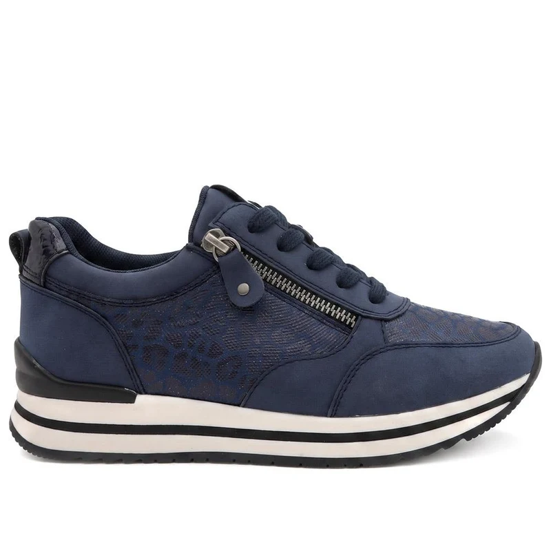 Wide Fit Zip & Lace Trainers W/ Cushioned Sole - WBINS44042 / 329 618 - Navy-Leopard