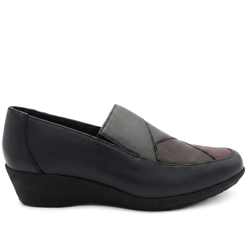 Smart Leather Wedged Slip On Shoes - KF44003 / 329 816 - Navy Combi